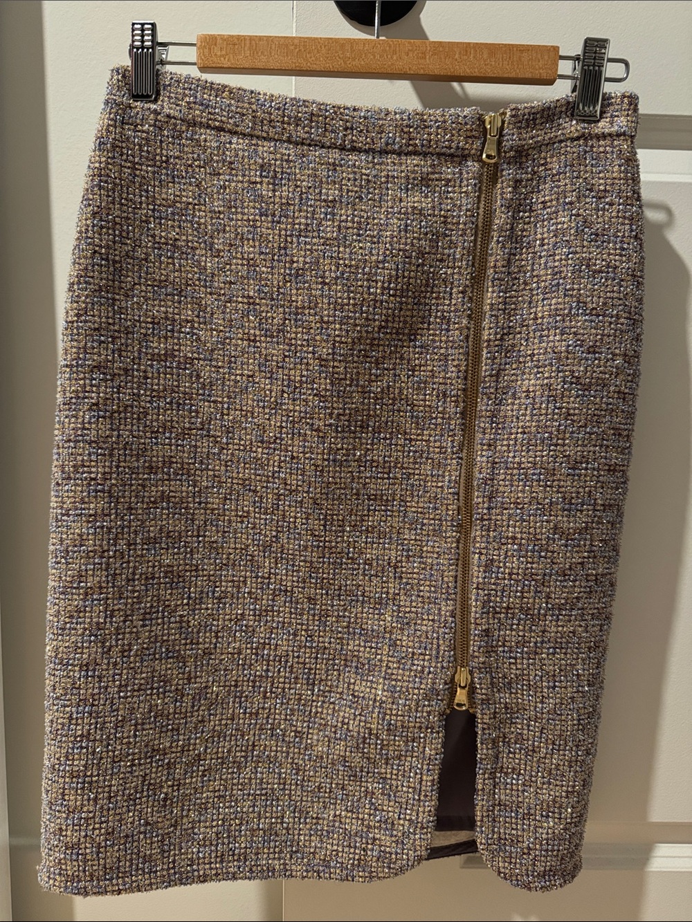J. Crew Tweed Pencil Skirt in Tan Multi with Gold Zip